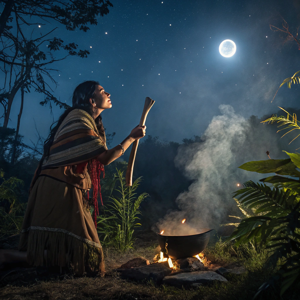 Mulher indígena cozinhando caldo de ossos sob a luz da Lua cheia