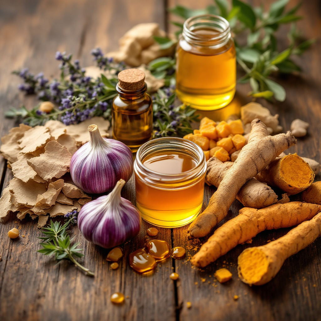 Foto de Plantas e Produtos Naturais medicinais: casca de salgueiro, Alho , Mel , Orégano, Própolis,  óleo de sucupira e  Açafrão.