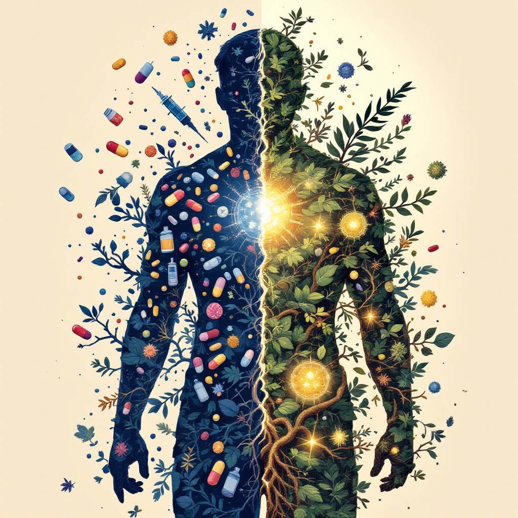 Silhueta do Corpo Humano dividida em 2 hemisférios. Lado direito retratando o uso de antibióticos e medicamentos alopáticos e lado esquerdo retratando o corpo quando utiliza produtos naturais