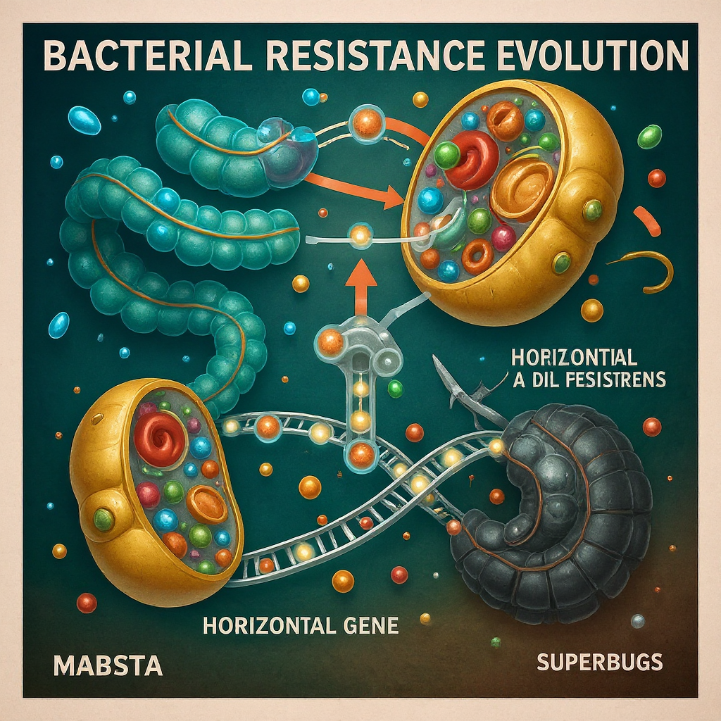 Infográfico científico educacional em estilo moderno e atrativo mostrando a evolução da resistência bacteriana através de múltiplas seções visuais interconectadas