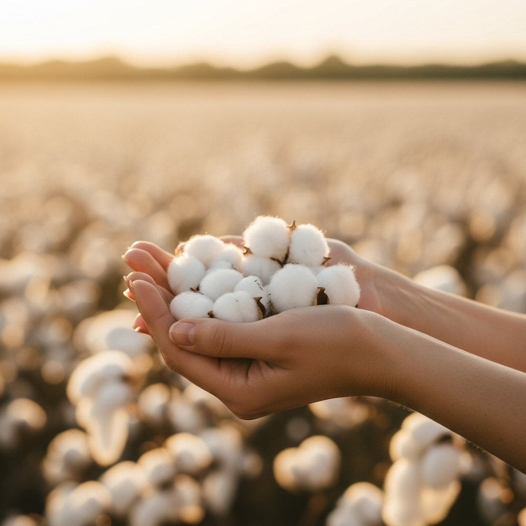 Algodão colhido com a lavoura de algodão ao fundo