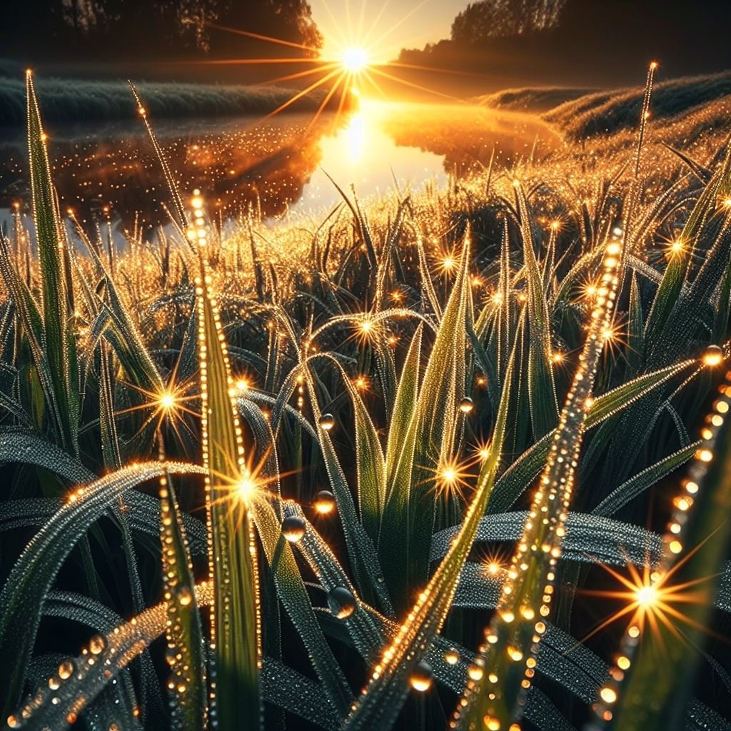 Sol nascente alimentando as Plantas sob o orvalho