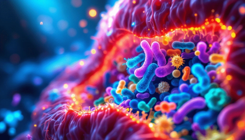 Microbioma: Segredos Ancestrais para Saúde Intestinal. Visualização em alta resolução do microbioma intestinal humano mostrando bactérias benéficas coloridas dentro do intestino