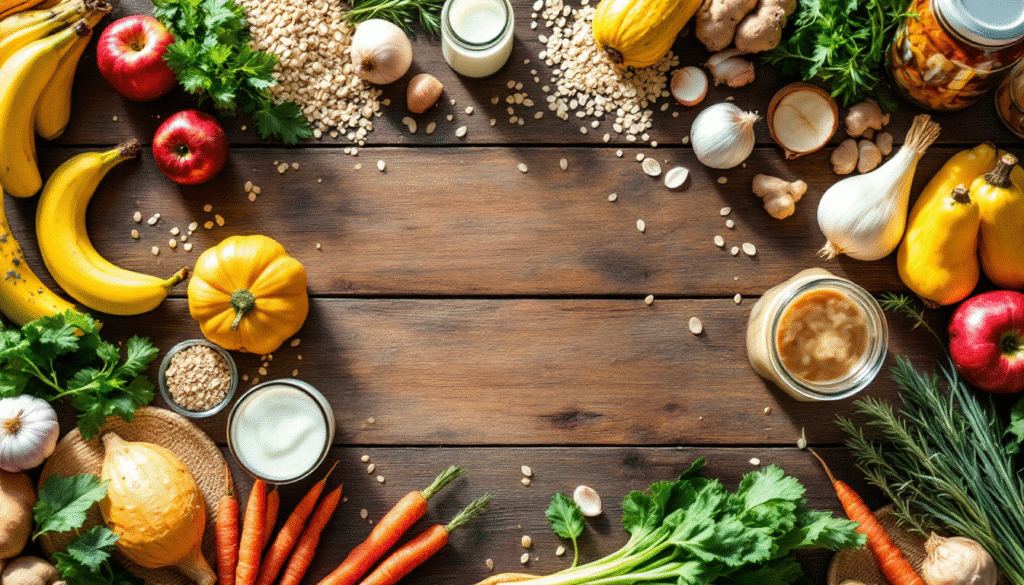 Microbioma: Segredos Ancestrais para Saúde Intestinal. Composição de alimentos probióticos e prebióticos: alimentos fermentados, vegetais, frutas e sementes dispostos em mesa rústica