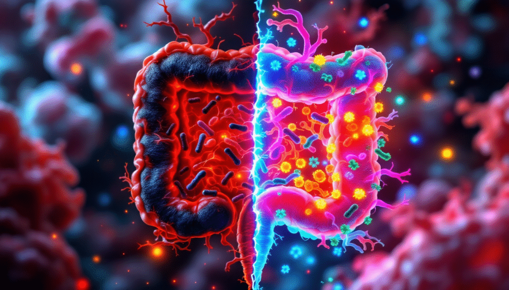Microbioma: Segredos Ancestrais para Saúde Intestinal. Comparação visual entre intestino inflamado e danificado versus intestino saudável com microbioma equilibrado